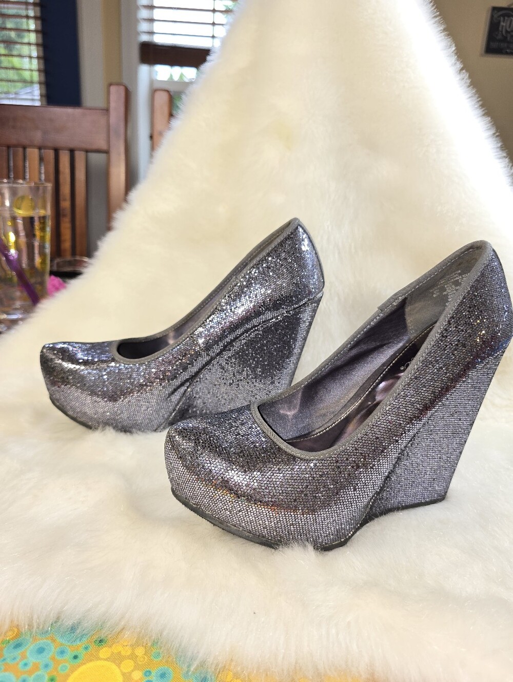 MIA Amore Icicle Silver Glitter Platform Wedge Pumps